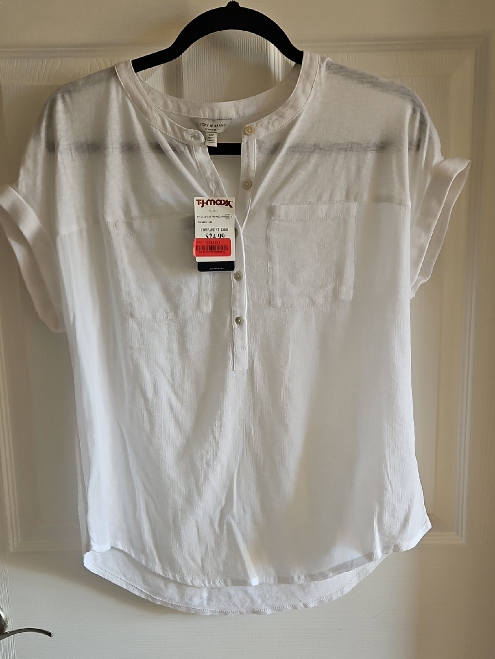 Lucky Brand White Short-Sleeve Henley Pocket Blouse